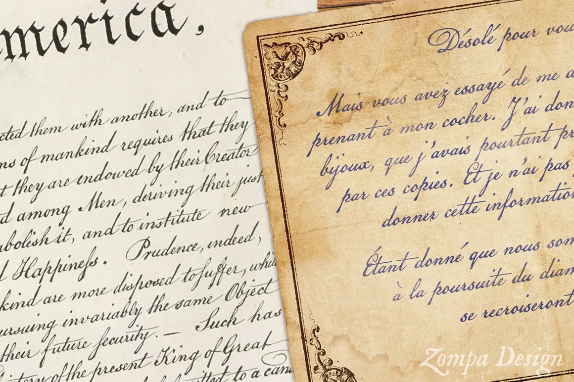 À gauche, le manuscrit de la Déclaration d'Indépendance des États-Unis, à droite la police American Scribe, sur une fausse lettre manuscrite créée pour l'escape book Hachette "Arsène Lupin et la pie voleuse"