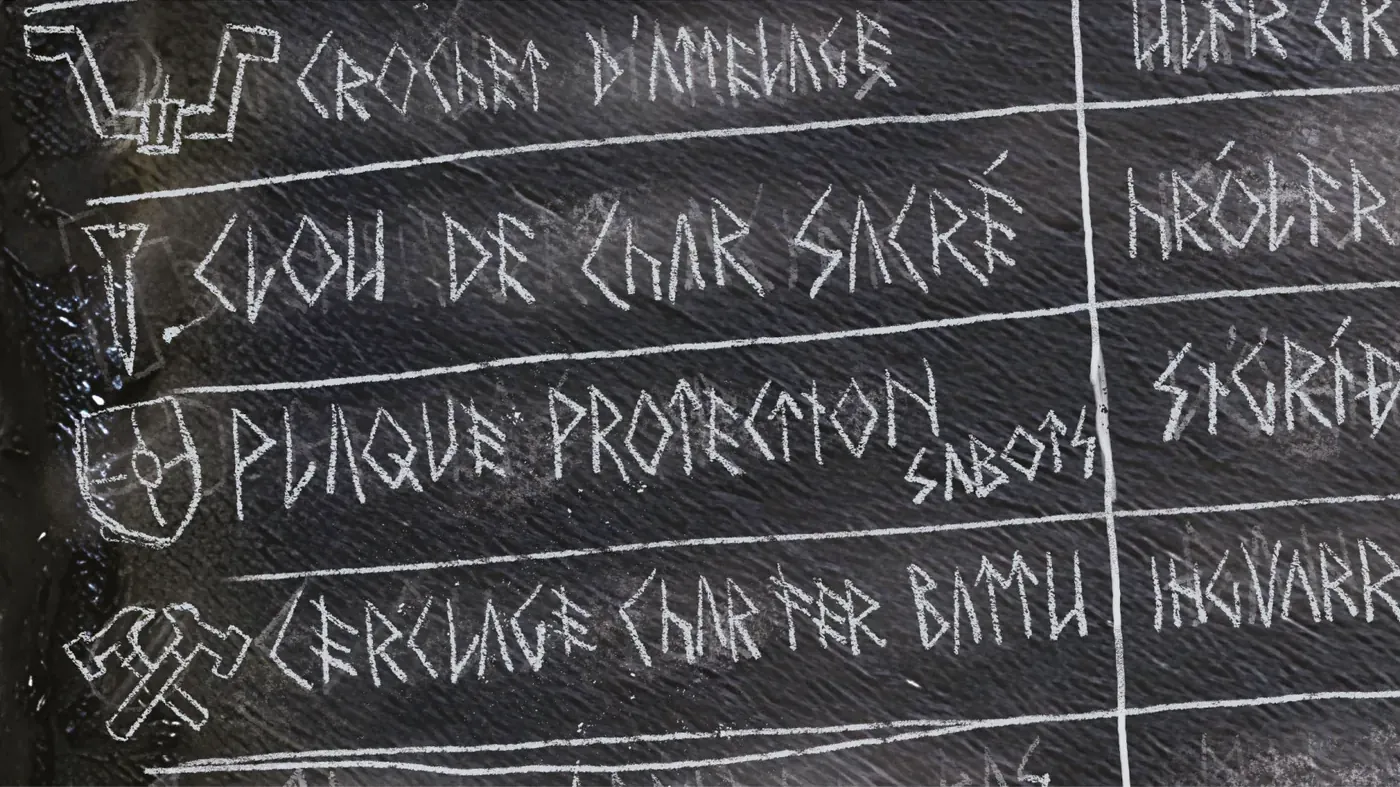 Close-up of the runic chalkboard menu listing forged chariot parts in white chalk