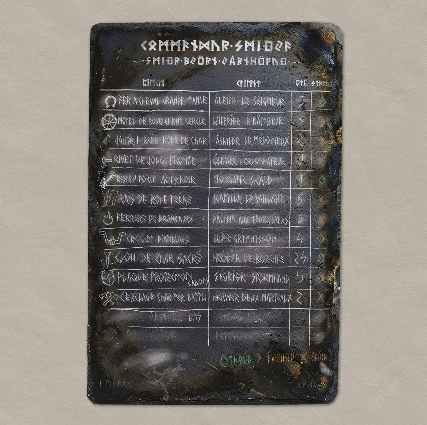 Flat view of the complete runic blacksmith's slate on a cream background