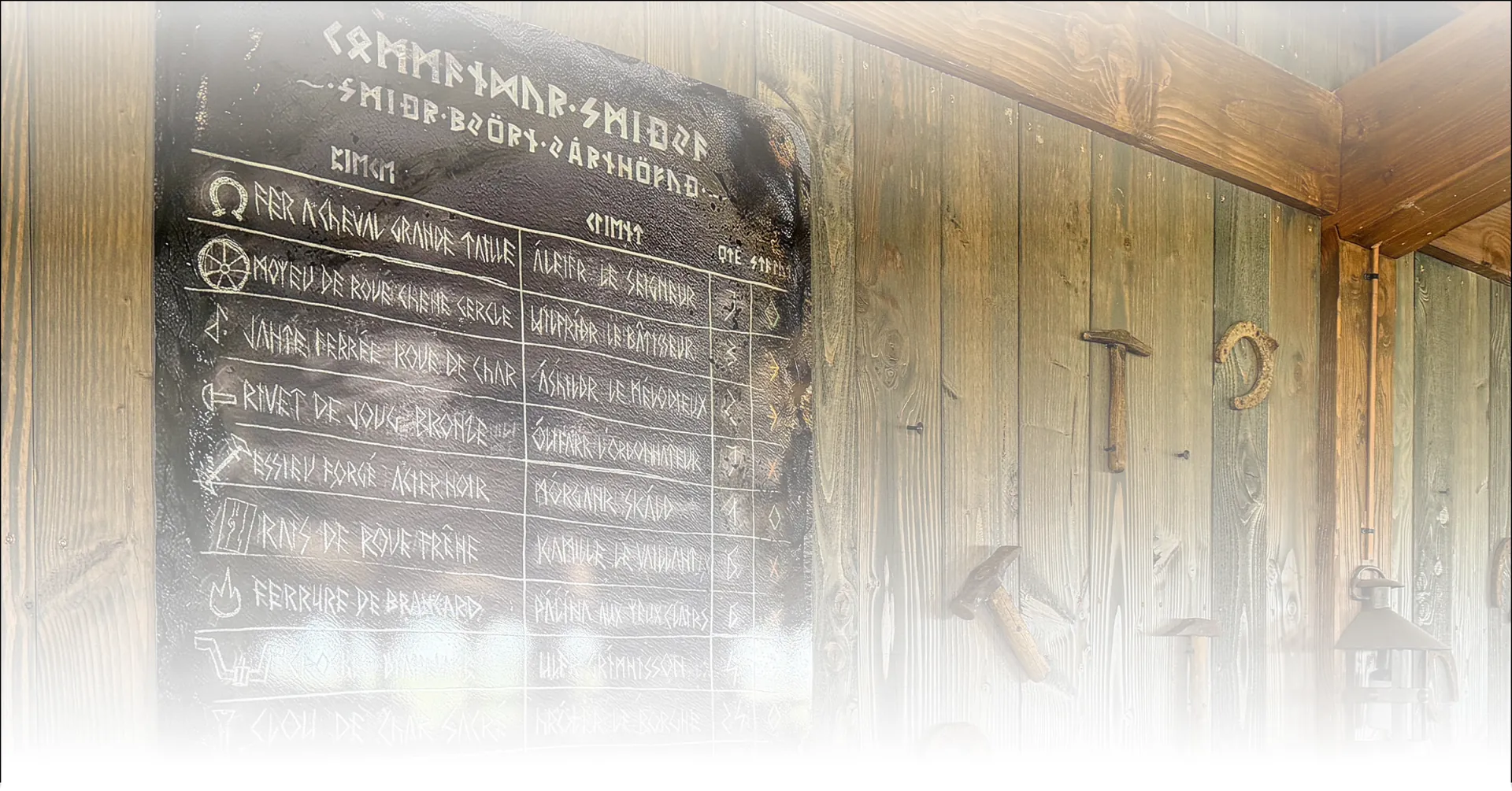 Runic blacksmith's slate on a wood-clad wall with forge tools and a horseshoe, in a Viking workshop set