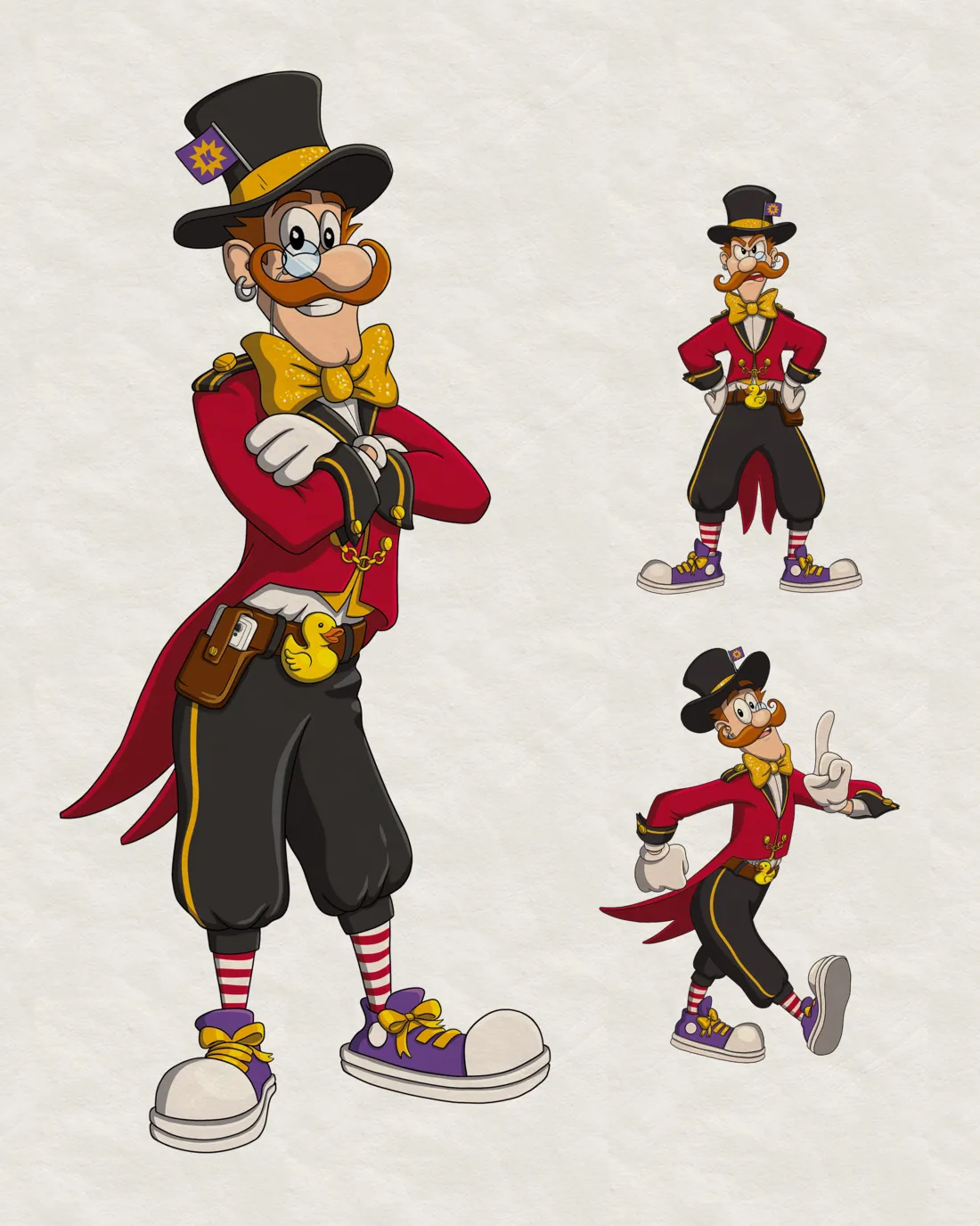 Character design sheet for Archibald, the ringmaster mascot in a red tailcoat, top hat and ginger moustache