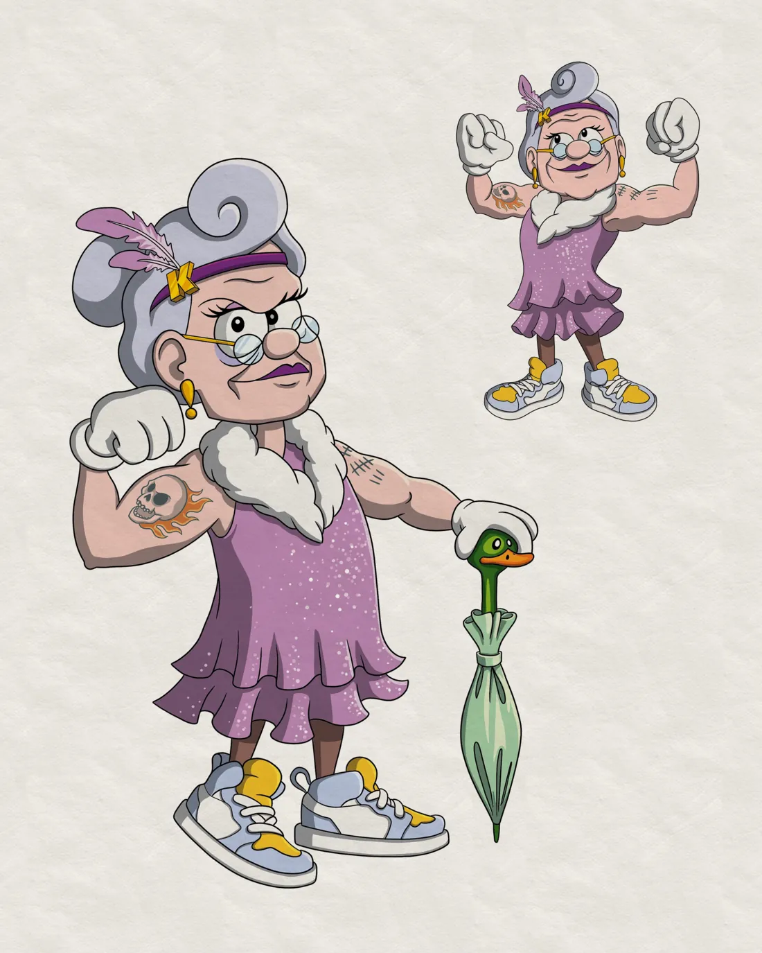 Character design sheet for Micheline, the elderly mascot in a sparkly purple dress holding a duck-headed umbrella