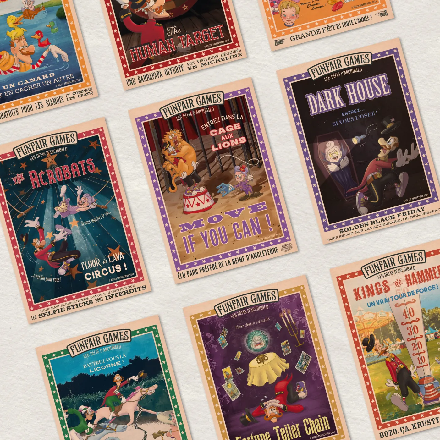 Series of vintage-style Funfair Games attraction posters laid out together