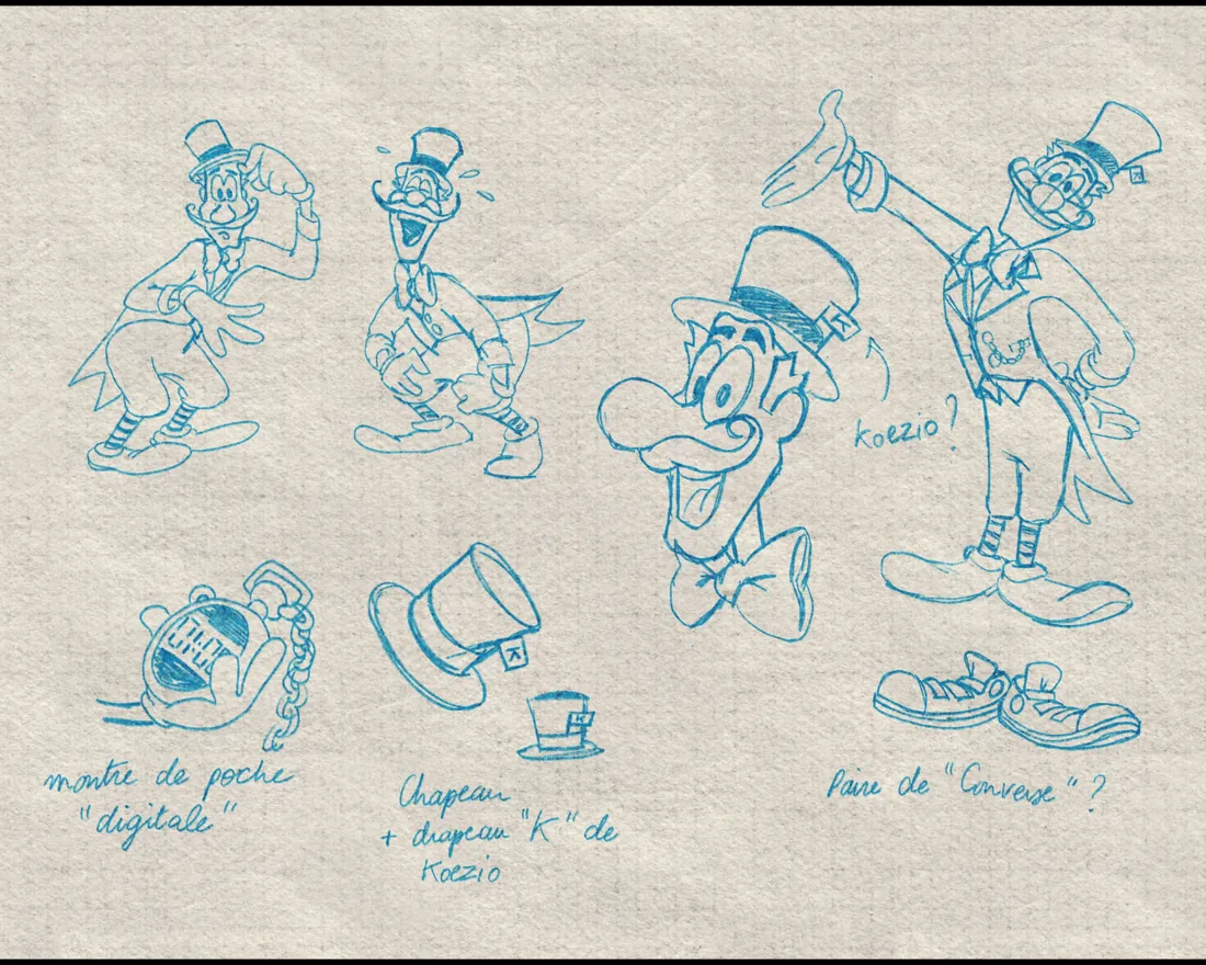 Blue-ink concept sketches exploring Archibald's poses, hat and accessories