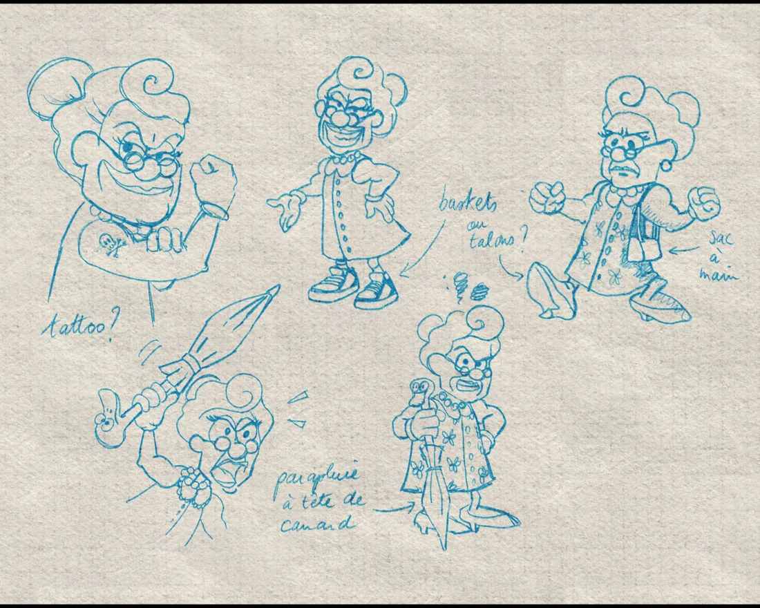 Blue-ink concept sketches exploring Micheline's poses, tattoo and duck umbrella
