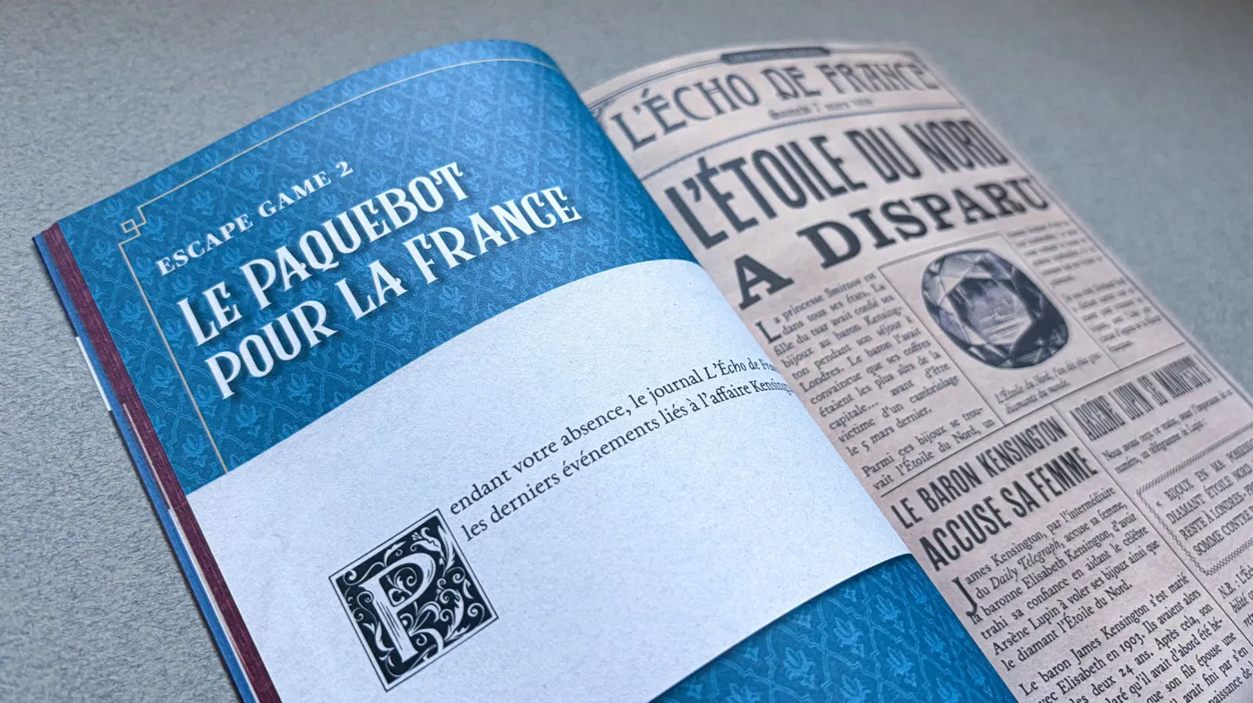 Book spread opening the chapter Le paquebot pour la France beside a vintage L'Écho de France newspaper page