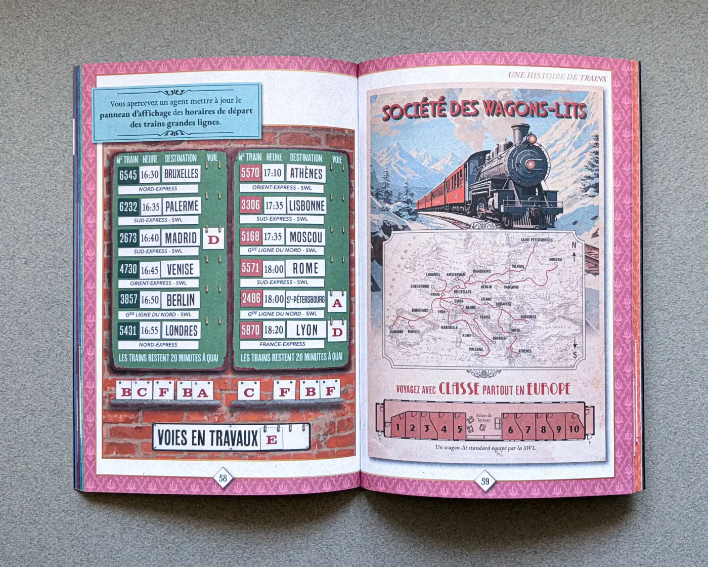 Book spread with a train departure board puzzle and a vintage Société des Wagons-Lits poster with a map of Europe