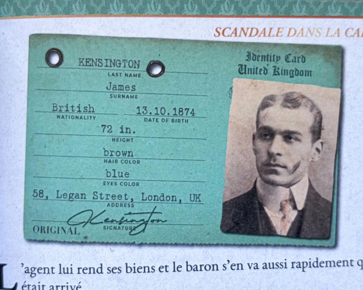 Fictional British identity card of James Kensington with a vintage portrait