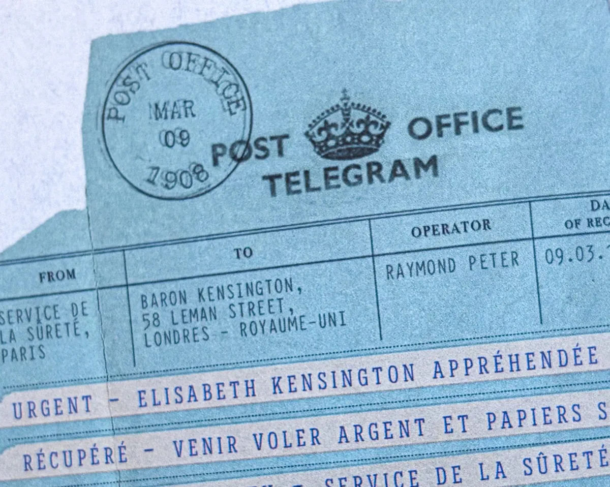 Fictional 1908 Post Office telegram addressed to Baron Kensington