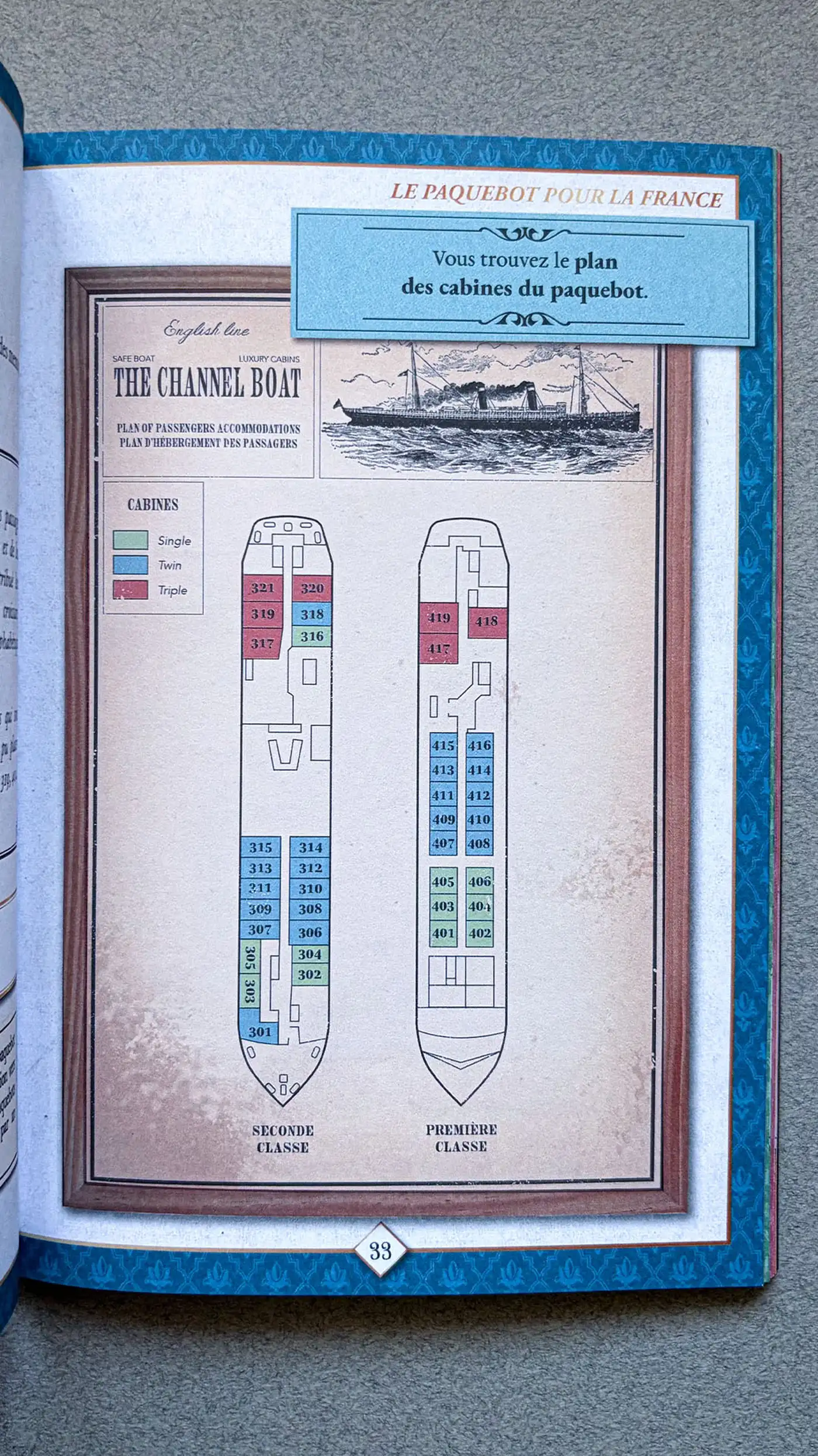 Full-page cabin plan of The Channel Boat ocean liner with first and second class decks