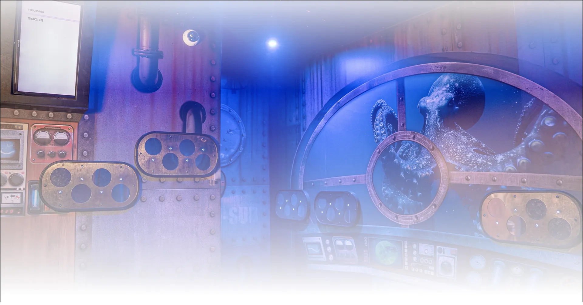 Steampunk submarine wall decor with portholes, pipes and control panels, lit in blue