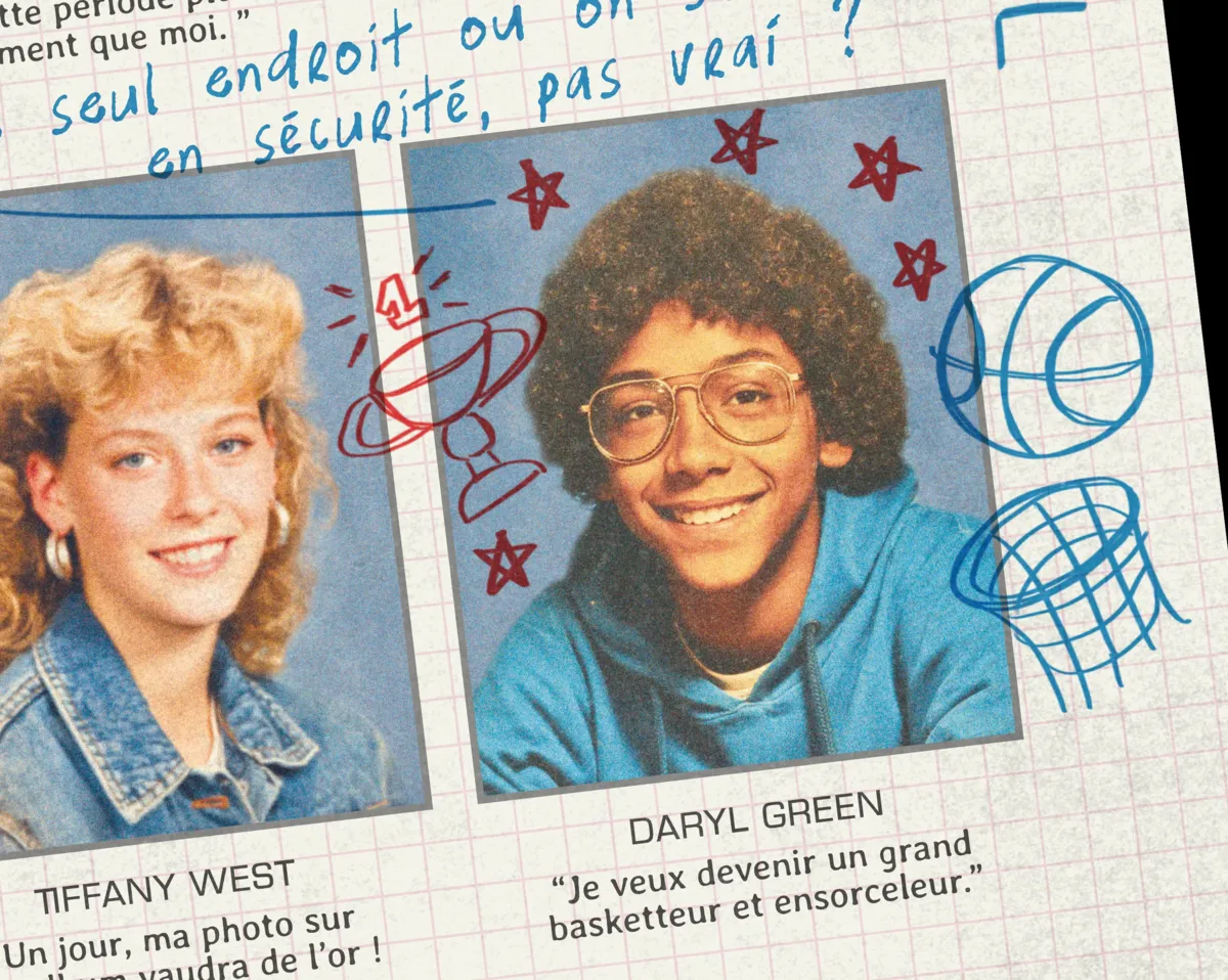 1980s yearbook page close-up with student portraits, handwritten notes and ballpoint doodles