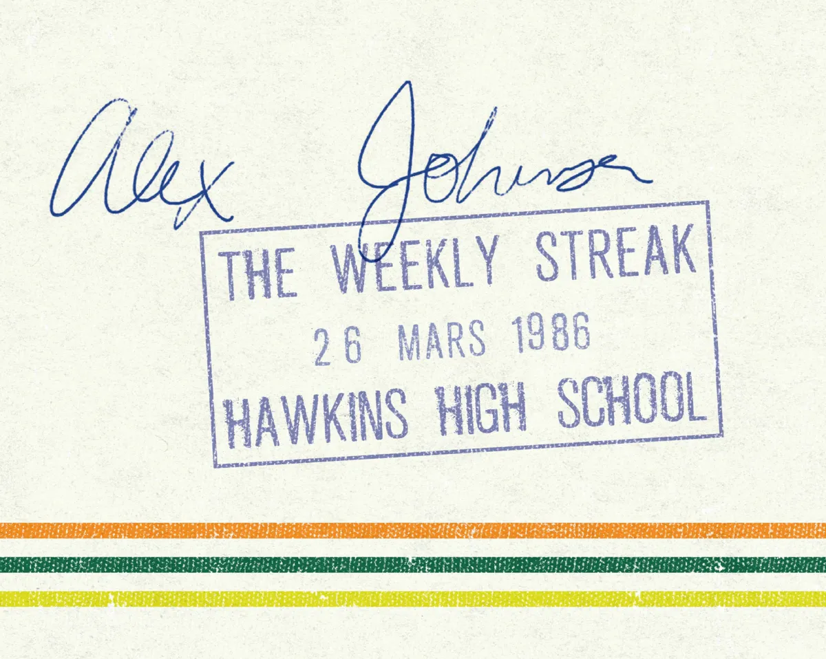 The Weekly Streak rubber stamp dated 26 March 1986, Hawkins High School, with a handwritten signature