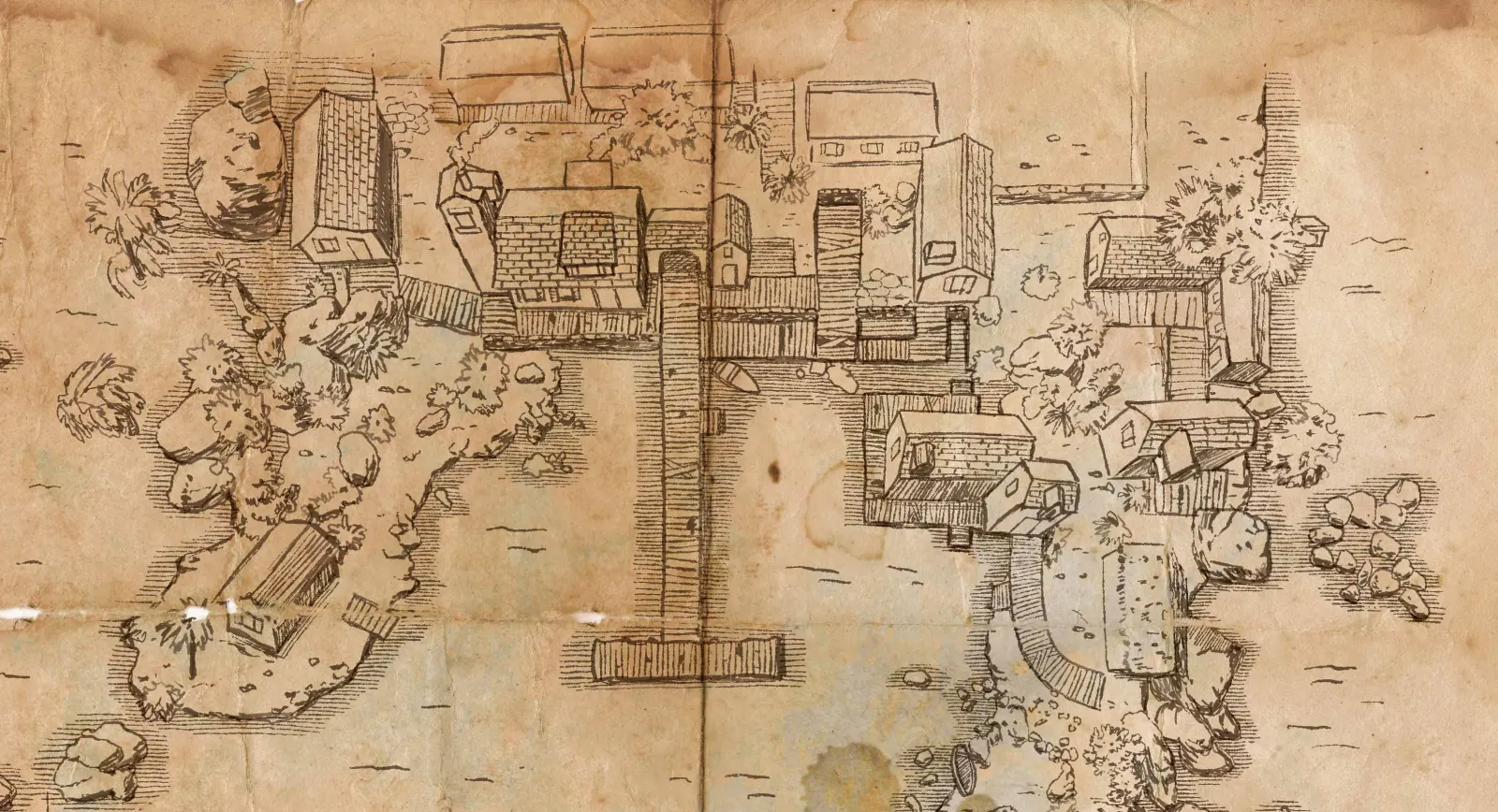 Aged hand-drawn map of a village on parchment.