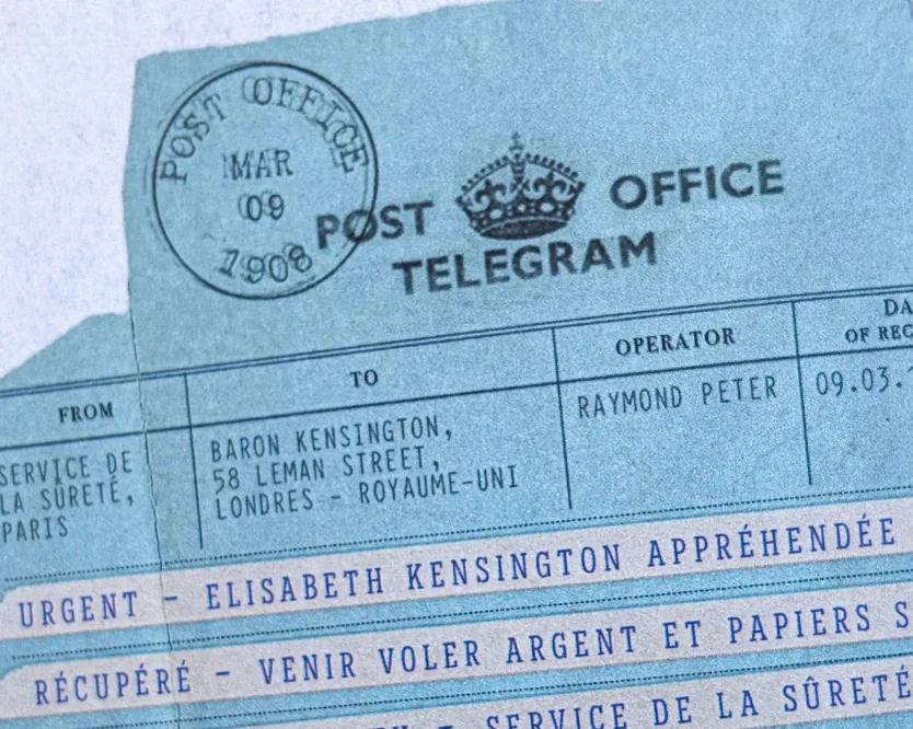 Télégramme de fiction du Post Office adressé au Baron Kensington.
