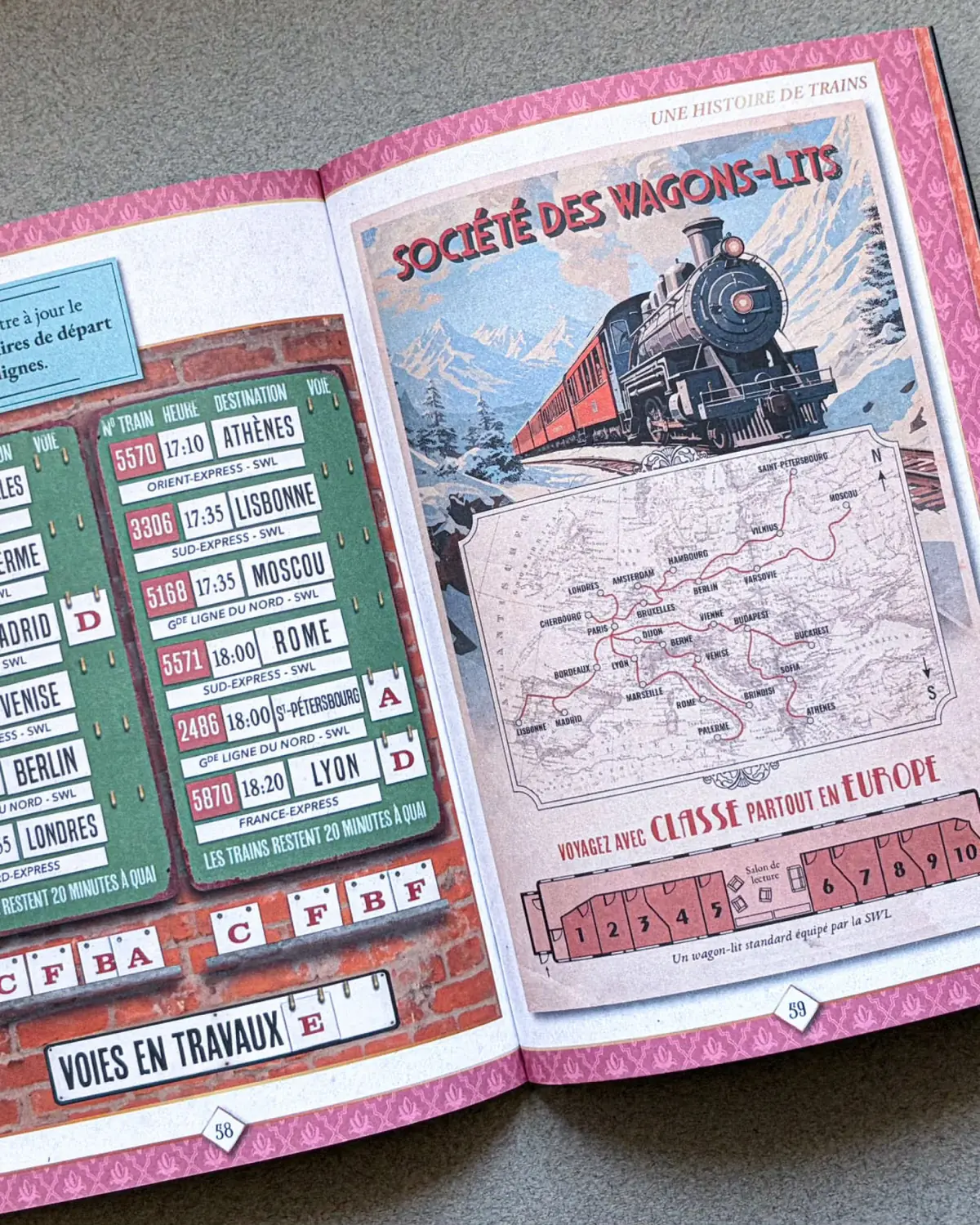 Double page d'un livre-jeu sur la Compagnie des Wagons-Lits, avec un train vintage et une carte d'Europe.