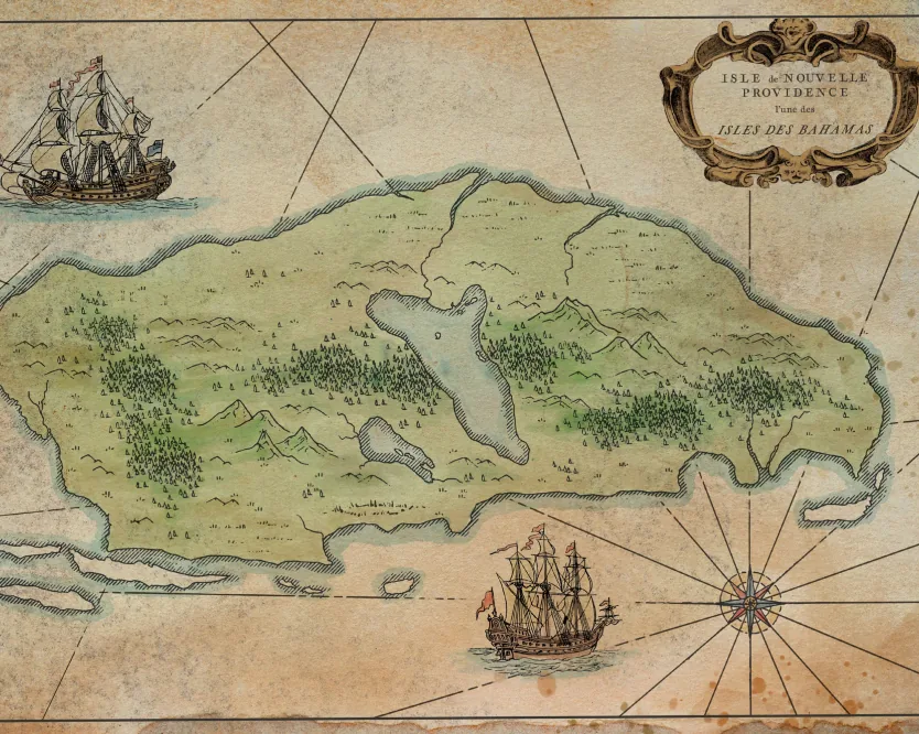Carte au trésor vieillie de l'île de Nouvelle-Providence, avec des voiliers et une rose des vents.