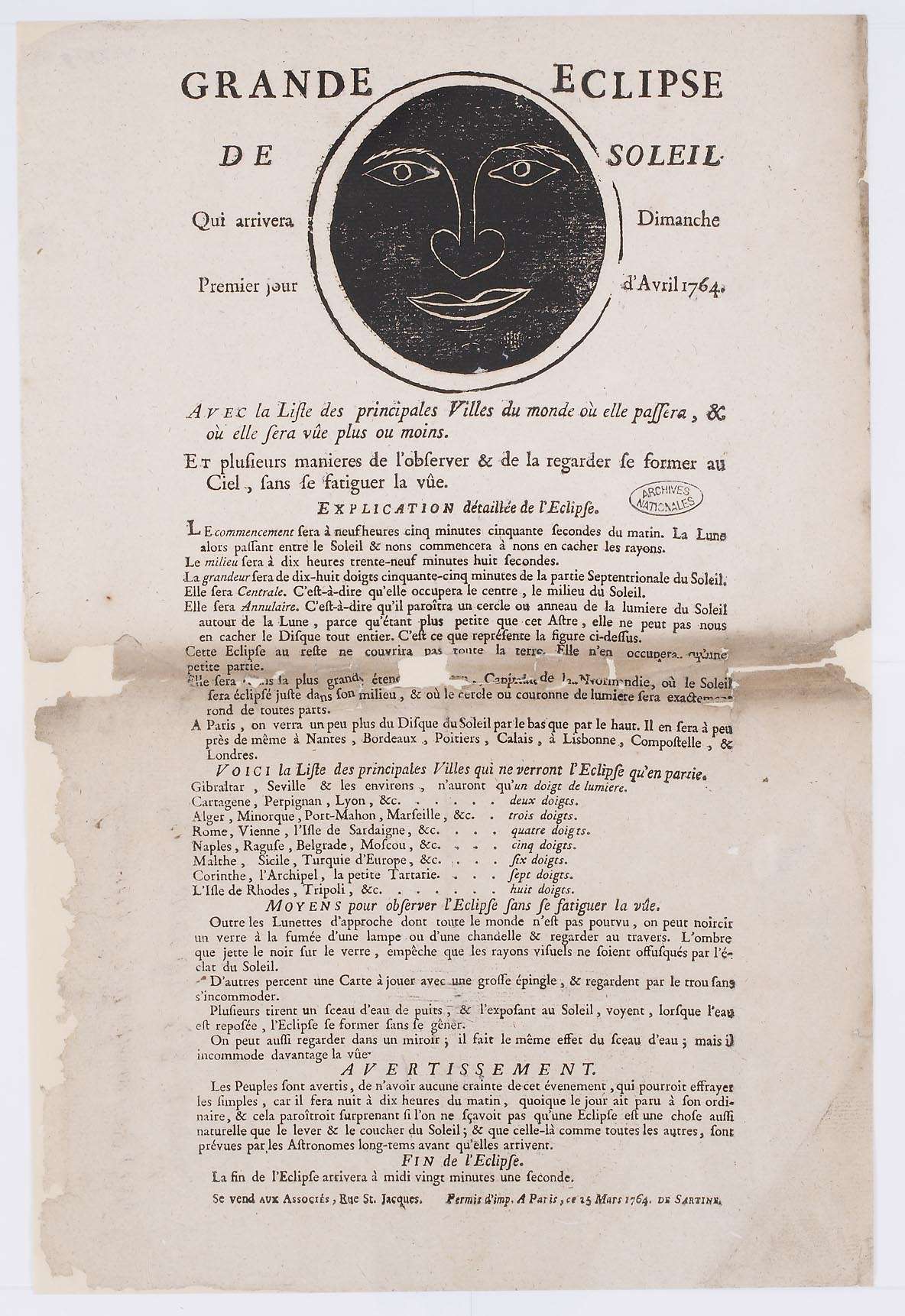 une affiche française annonçant une éclipse solaire le 1er avril 1764, avec une illustration de la Lune passant devant le Soleil et un texte imprimé en caractères du XVIIIe siècle.