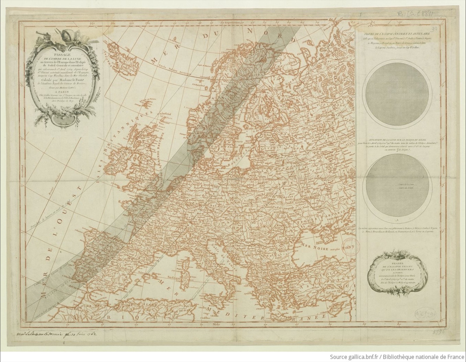 « Passage de l'ombre de la lune au travers de l'Europe dans l'éclipse de soleil centrale et annulaire qui s'observera le 1er avril 1764 », calculé par Mme Nicole-Reine Lepaute ; gravé par Marie Lattré et Elisabeth-Claire Tardieu, 1762.