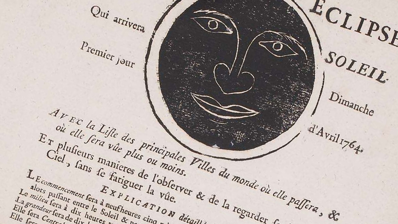 Zoom sur une affiche française annonçant une éclipse solaire le 1er avril 1764, avec une illustration de la Lune passant devant le Soleil et un texte imprimé en caractères du XVIIIe siècle.