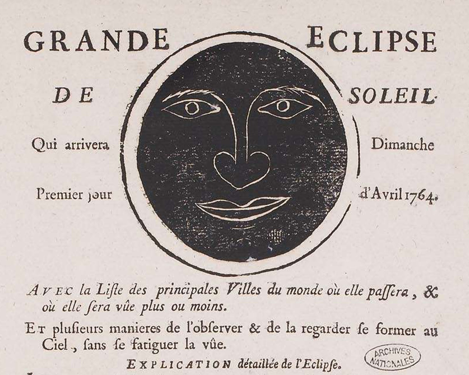une affiche française annonçant une éclipse solaire le 1er avril 1764, avec une illustration de la Lune passant devant le Soleil et un texte imprimé en caractères du XVIIIe siècle.